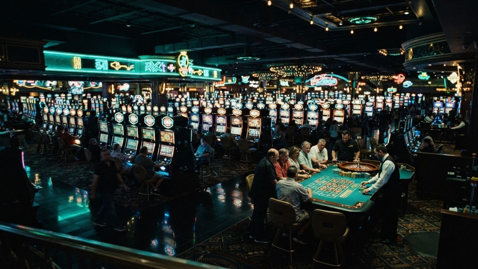 Donkere casinozaal met gokkasten en roulettetafel